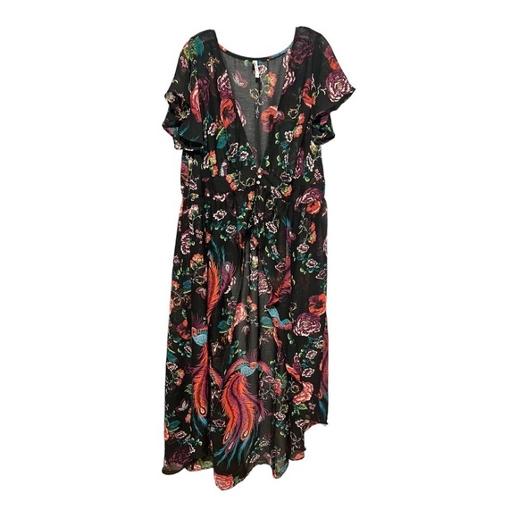 TRUTH Floral Chiffon Ruffled Hi/Lo Button 2X Top Black Multi-Color Lightweight - Picture 1 of 13